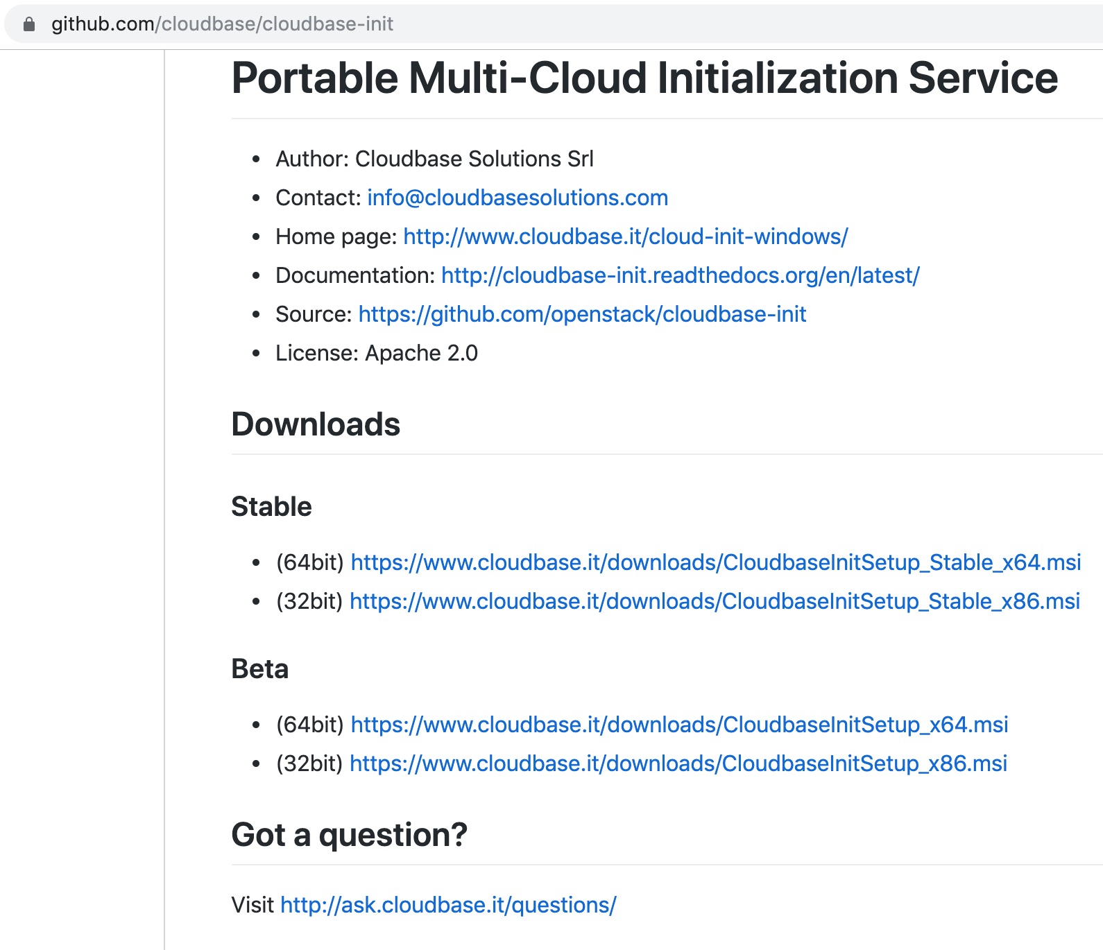 Cloudbase-Init GitHub download page showing stable and beta installer links