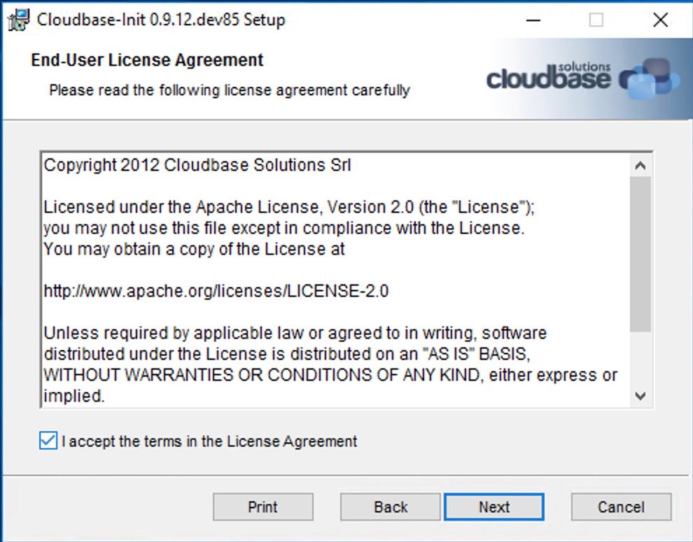 License agreement — accept and click Next