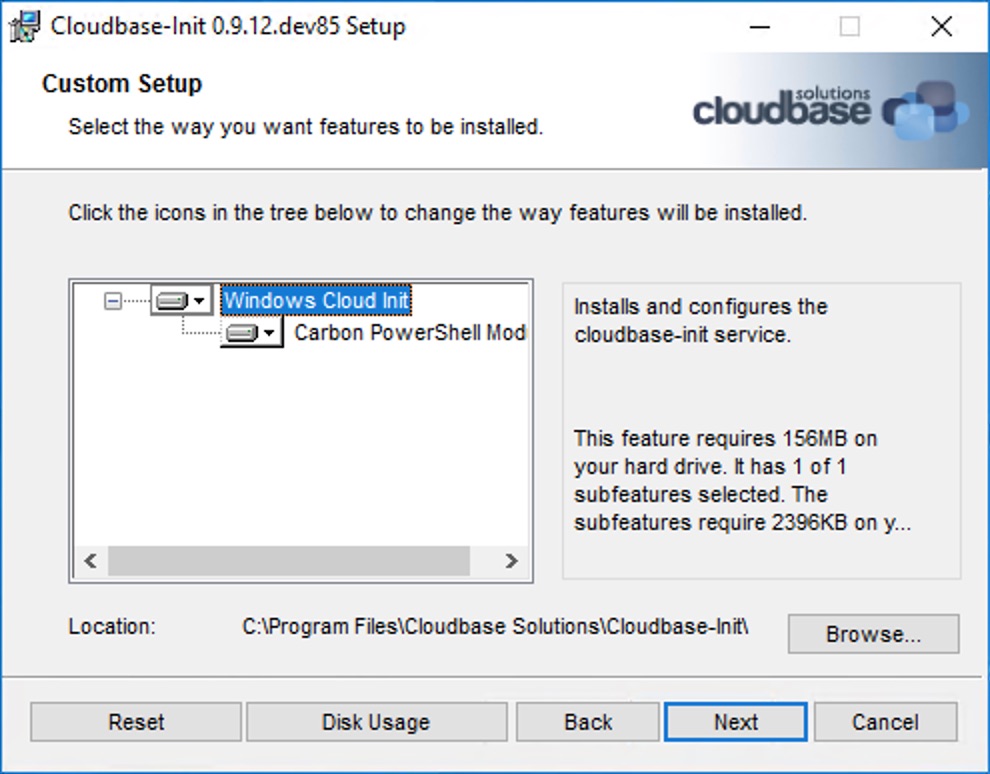 Custom setup — select features to install