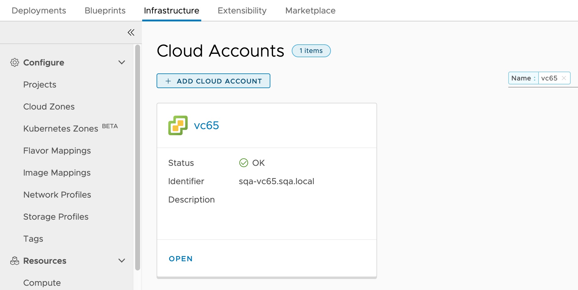 Cloud Accounts page showing the vCenter connection