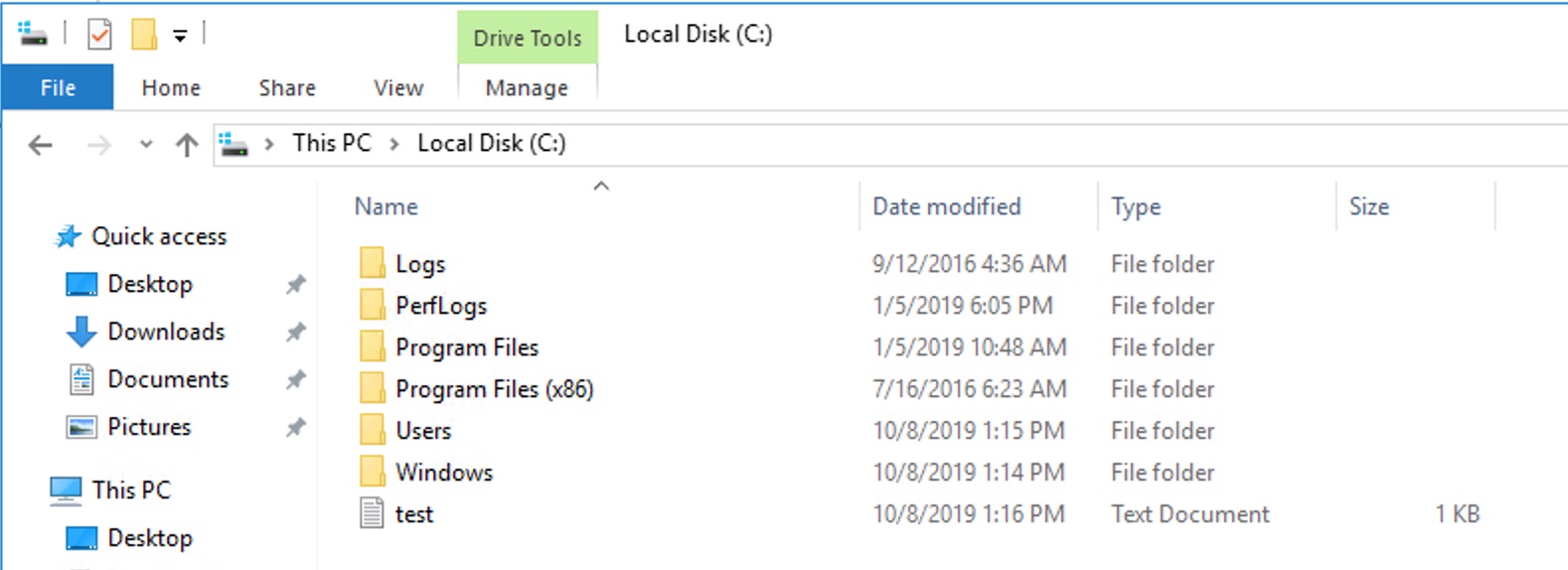 Windows Explorer showing C:\\ drive with the test.txt file created by Cloudbase-Init