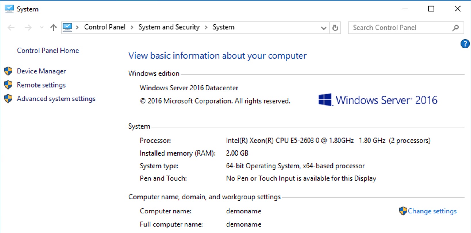 System Properties confirming the hostname was set to &ldquo;demoname&rdquo; by Cloudbase-Init