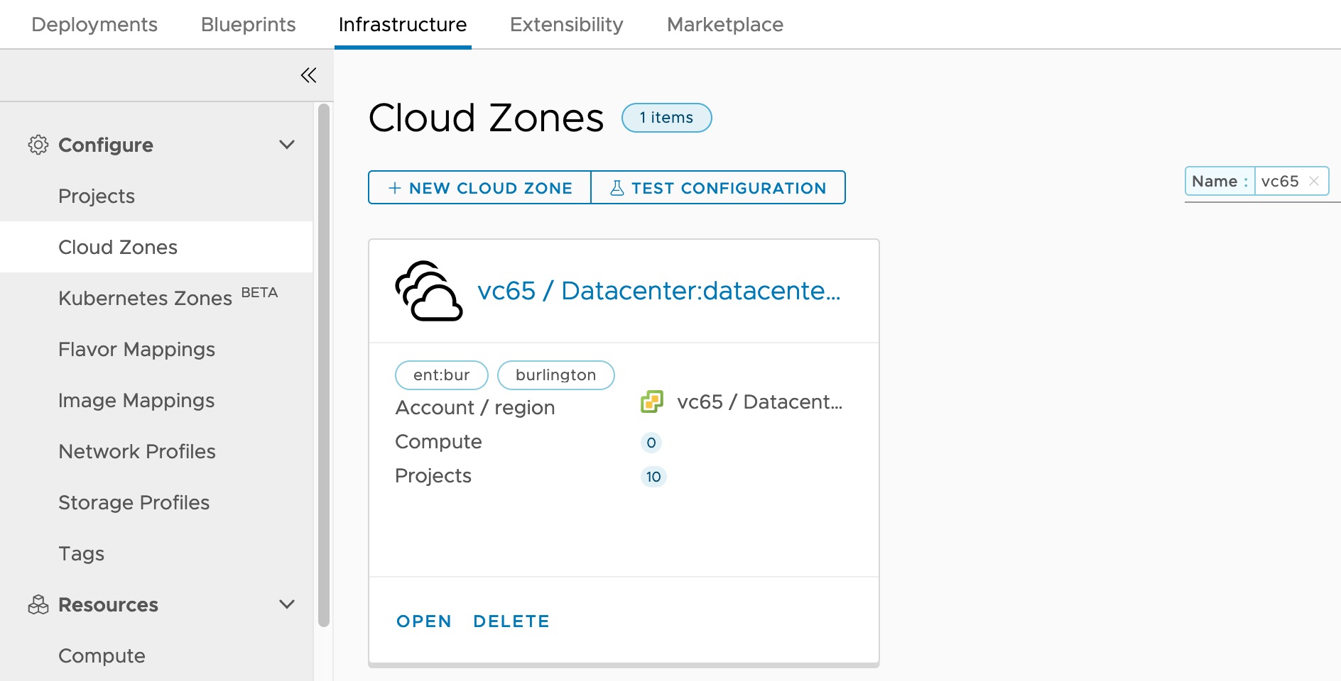Cloud Zones page showing the configured zone