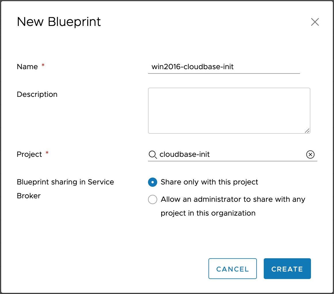 New Blueprint dialog — name and assign to project